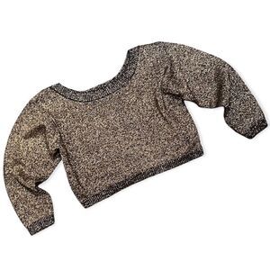 GOLD METALLIC KNIT LONG SLEEVE BOAT NECK OVERSIZED CROP TOP LUREX SWEATER L